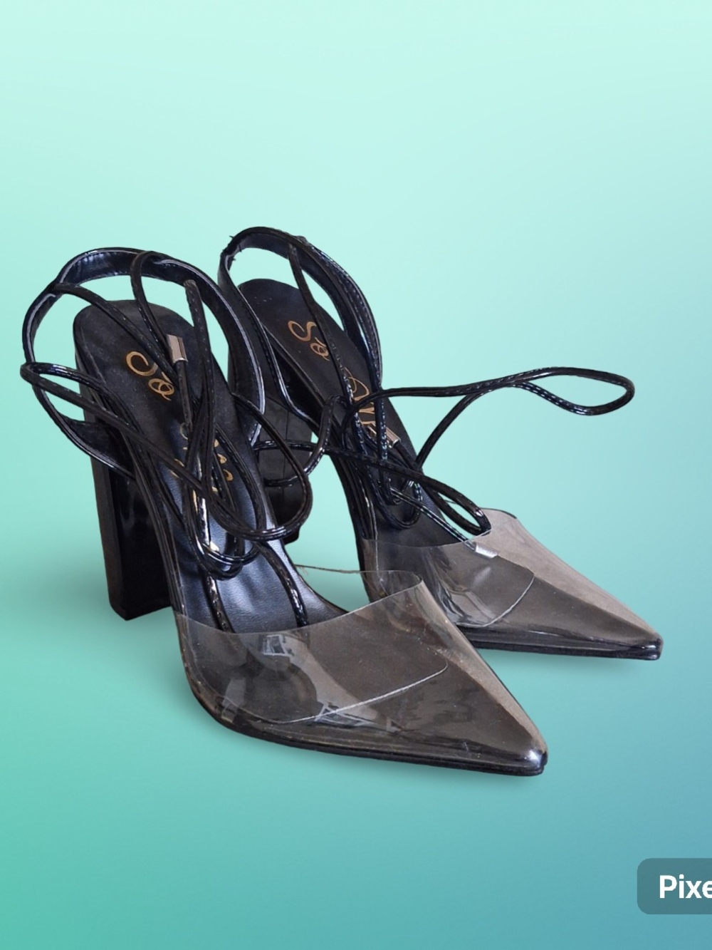 So Me Black Lace-Up Pointed PVC Block Heels